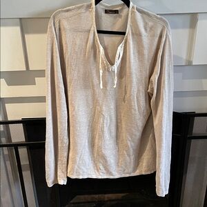 Men Long Sleeve Casual Creme V neck, Hippy, Beach, 100% Linen, Soft, Sheer,Large